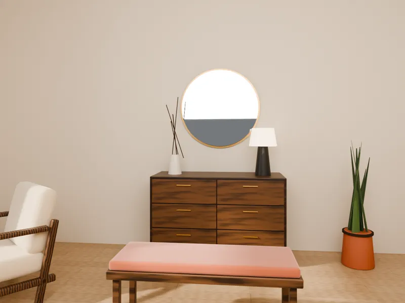 A walnut chest of drawers with a round mirror, bench and armchair in a bedroom