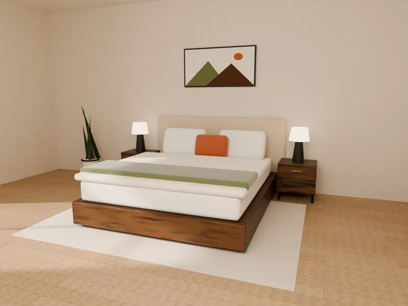 An upholstered bed with walnut frame, nightstands, table lamps and wall art