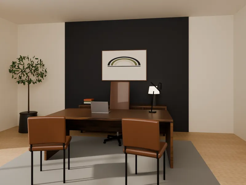 An executive office with a walnut desk, leather high-back chair, visitor chairs and a fluted credenza