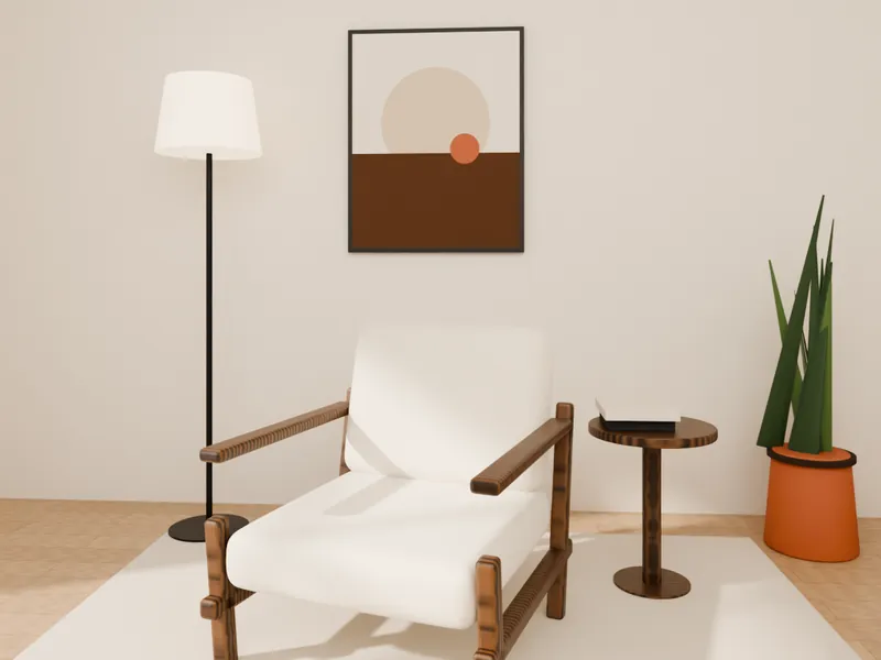 A boucle lounge chair with a walnut frame beside a side table, floor lamp and plant