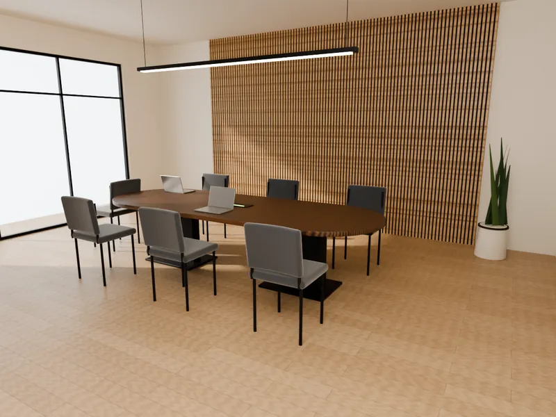 A walnut meeting table with rounded ends, graphite chairs and a linear pendant light