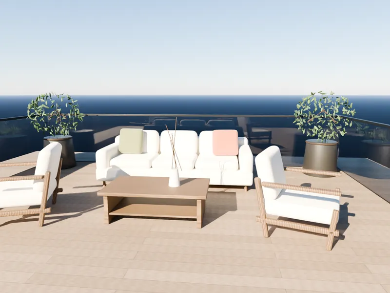 A rooftop terrace with a teak outdoor sofa, lounge chairs, coffee table and planters