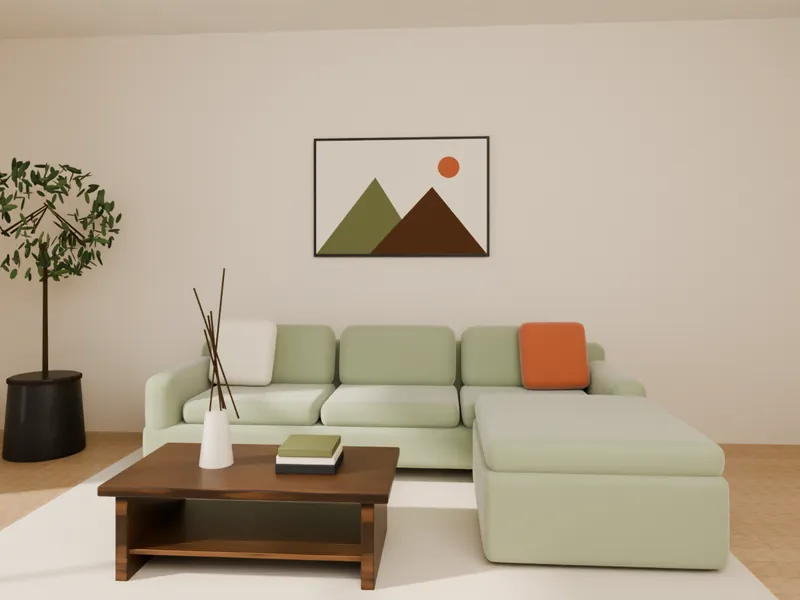 A sage green sectional sofa with cushions, a walnut coffee table and wall art