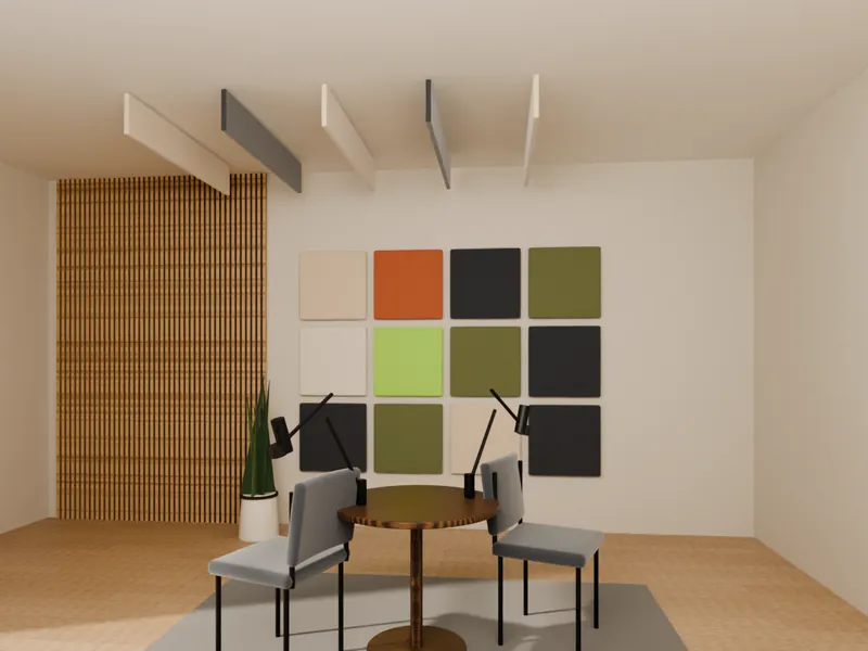 A meeting space with fabric acoustic wall panels, timber slats and hanging ceiling baffles