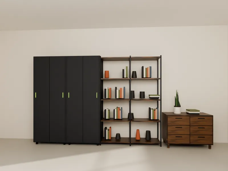 An office storage wall with graphite cabinets, open walnut shelving and a chest of drawers