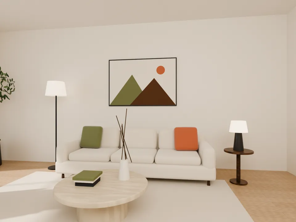 A sunlit living room with an ivory sofa, olive lounge chair, round stone coffee table and abstract wall art