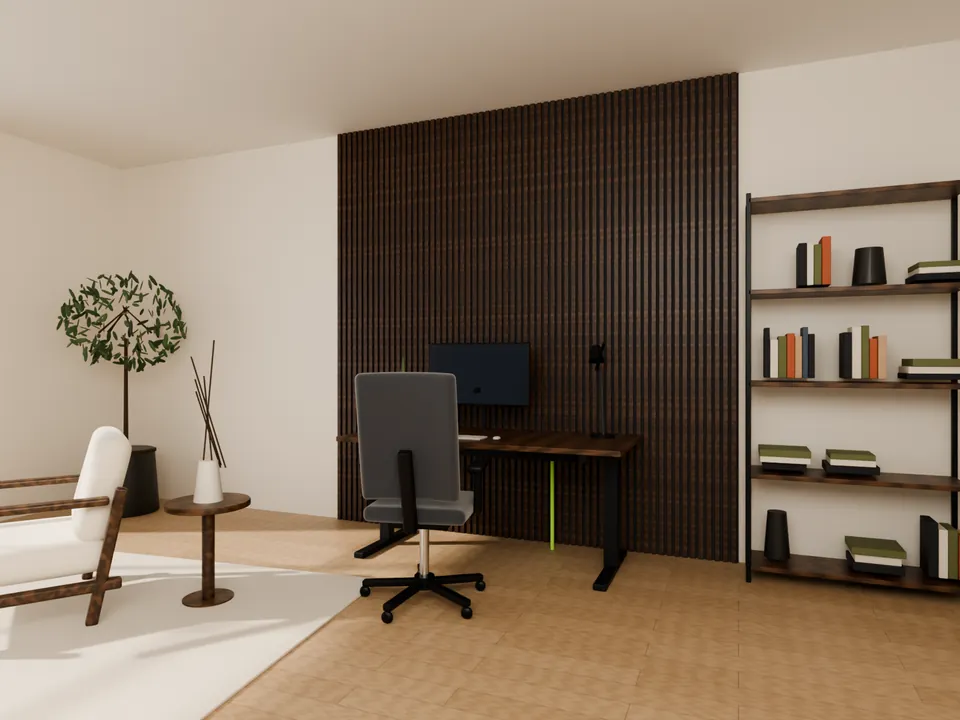 A bright home office with a walnut sit-stand desk, task chair, slatted wall and a lounge chair by the window