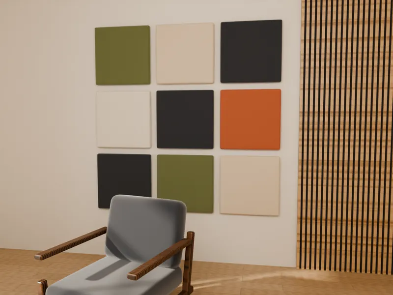 Fabric acoustic panels in a grid and timber slats on a wall, with a lounge chair
