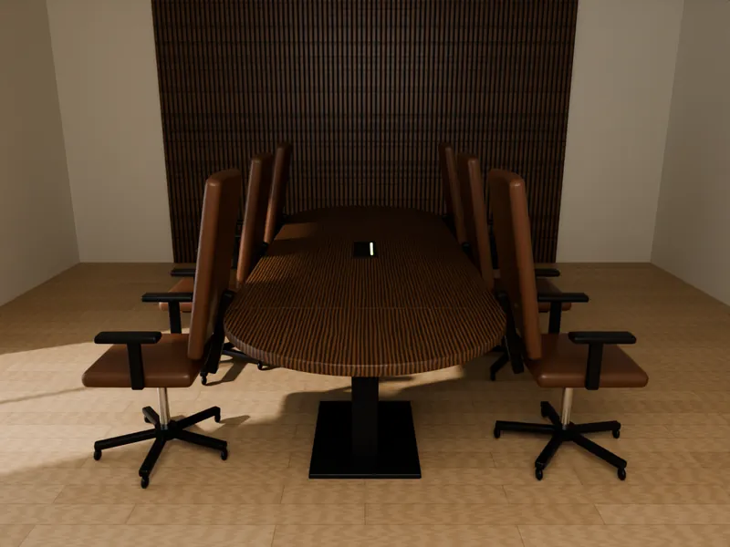 A long boardroom table with leather high-back chairs and a slatted wall