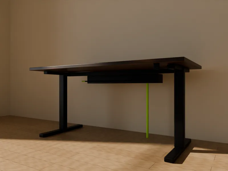 A low view under a walnut desk showing a cable tray and tidy cables