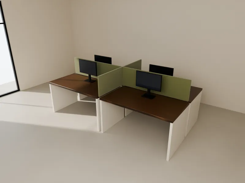 Four desks grouped face to face with monitors and fabric screens