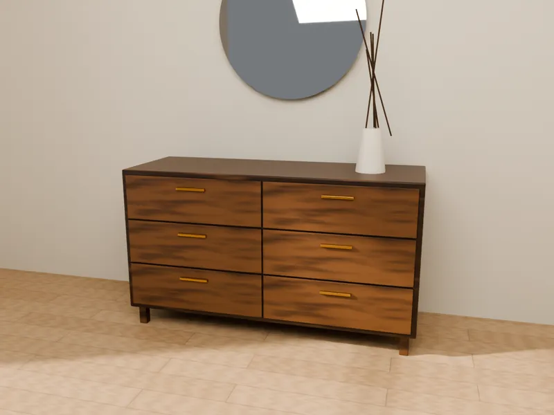 A walnut six-drawer dresser with a round mirror and vase