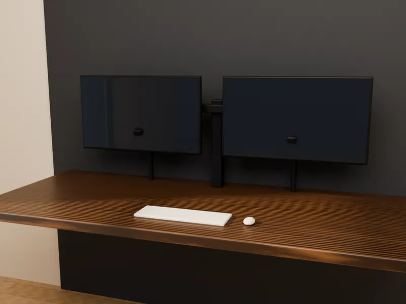 Two monitors on a dual monitor arm above a walnut desk