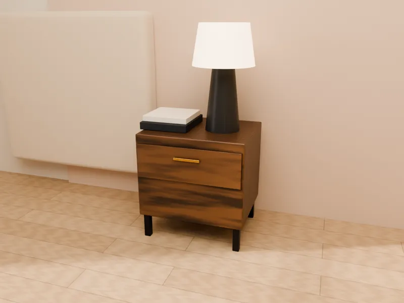A walnut nightstand with a table lamp and books