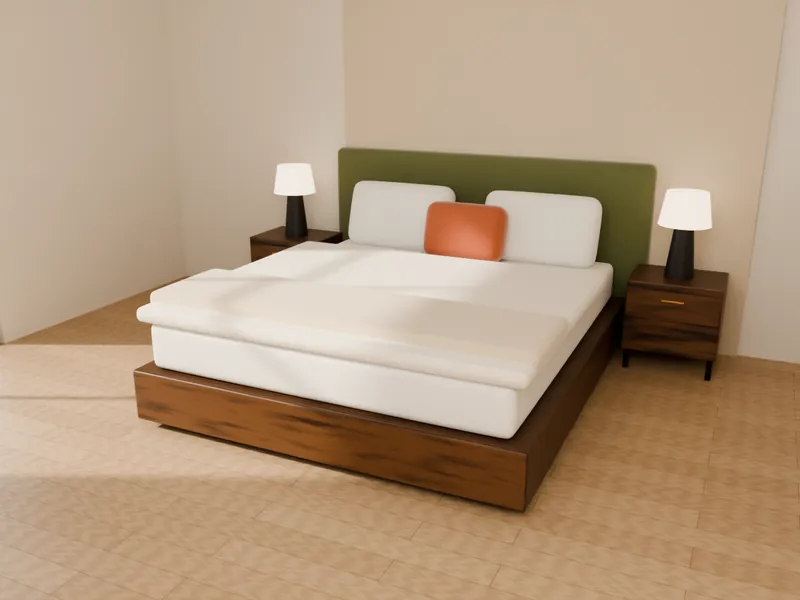 An upholstered bed with an olive headboard, nightstands and lamps