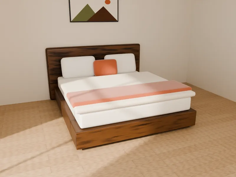 A walnut bed with a wooden headboard and terracotta throw